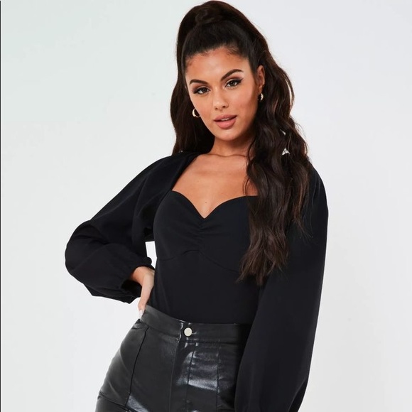 Missguided Black Extreme Puff Sleeve Ruched Bust Bodysuit - Picture 2 of 3